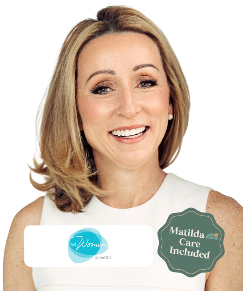 A woman with shoulder-length blonde hair smiling, wearing a sleeveless white top, with a logo and a badge that says "Matilda Care Included."