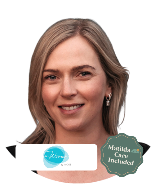 A woman with shoulder-length blonde hair smiling, wearing earrings, and a black top, with text indicating she is Matilda and her care is included.