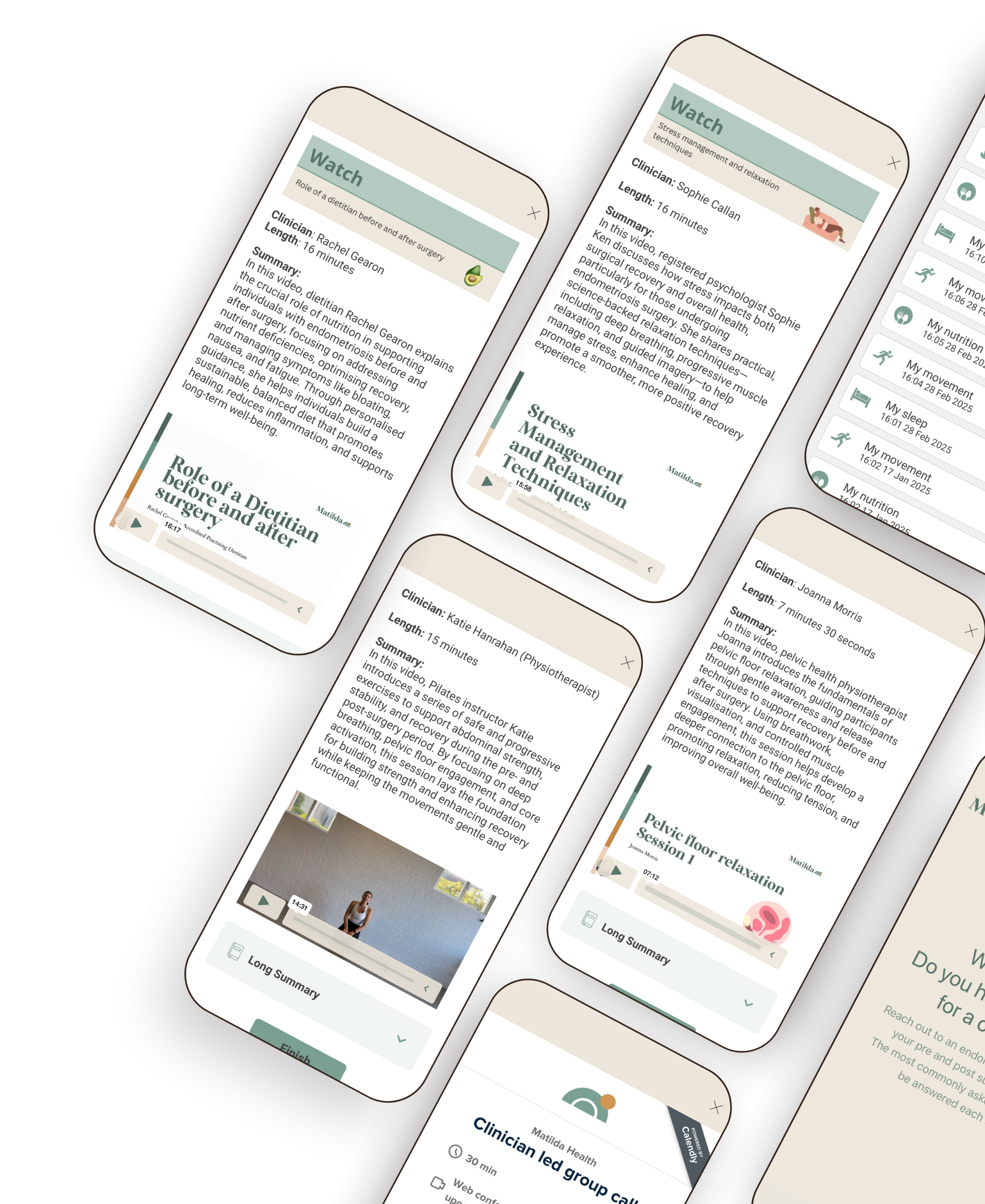 Mobile devices displaying videos about health and relaxation techniques, with titles and summaries related to stress management, pelvic floor relaxation, and physiotherapy.