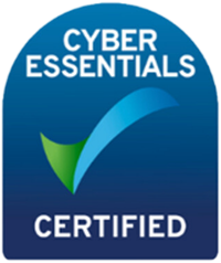 Cyber Essentials Certified logo with a blue circular background, checkmark, and green accent.
