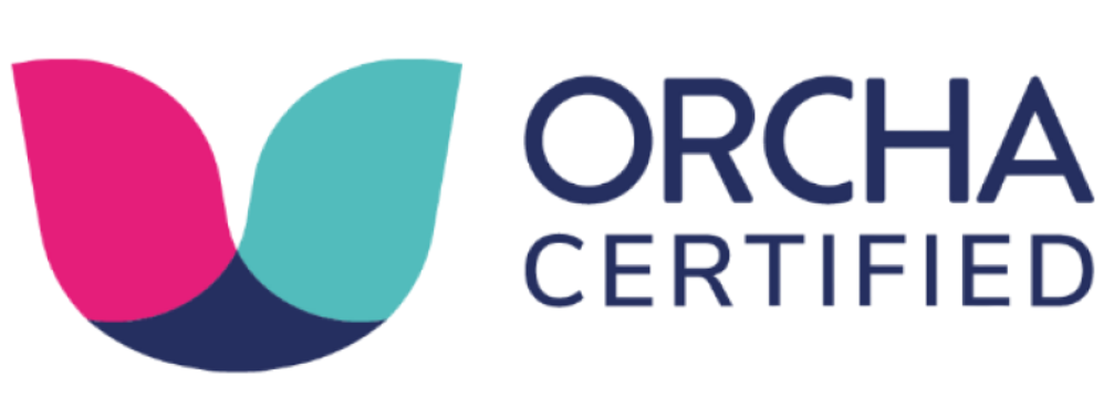 Orcha Certified logo with stylized pink and teal petals and dark blue text.