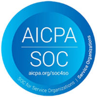 A circular blue logo for AICPA SOC with white text.