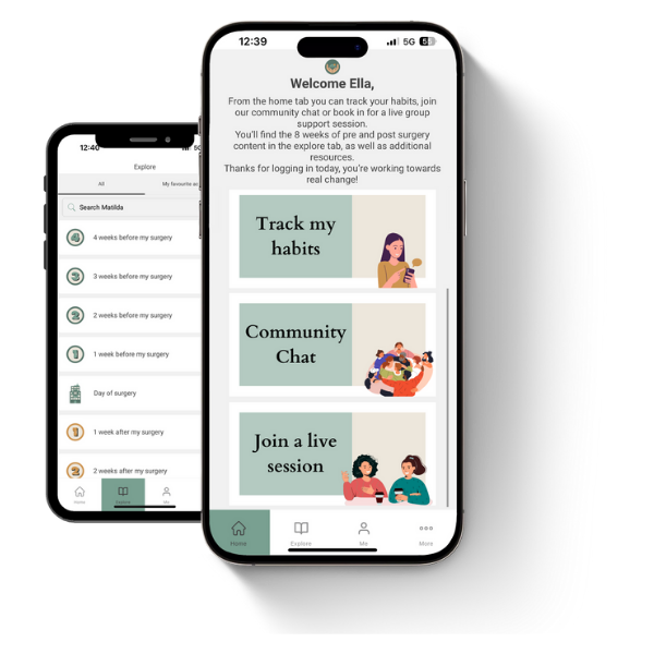 Mobile app screen showing a welcome message to Ella with options to track habits, join community chat, and join a live session, along with a second screen displaying a list of a user's activity logs.