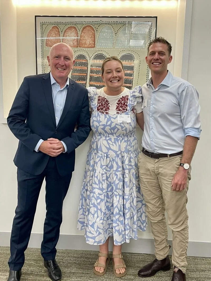 Minister Dawson and Matilda co-founders, Kevin and Joanna, stood smiling at the camera
