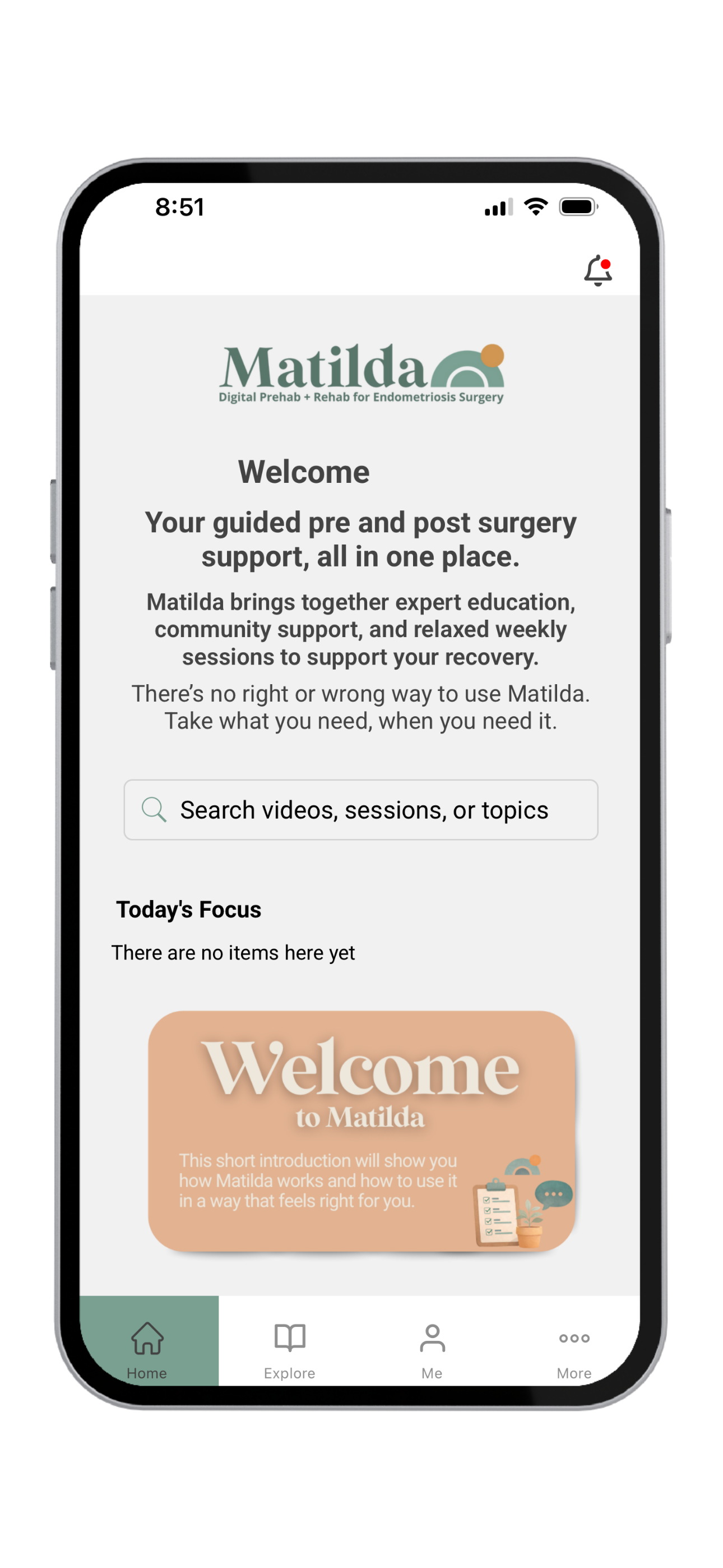 Screenshot of the Matilda app homepage on a smartphone, showing the logo, welcome message, search bar, and navigation menu.