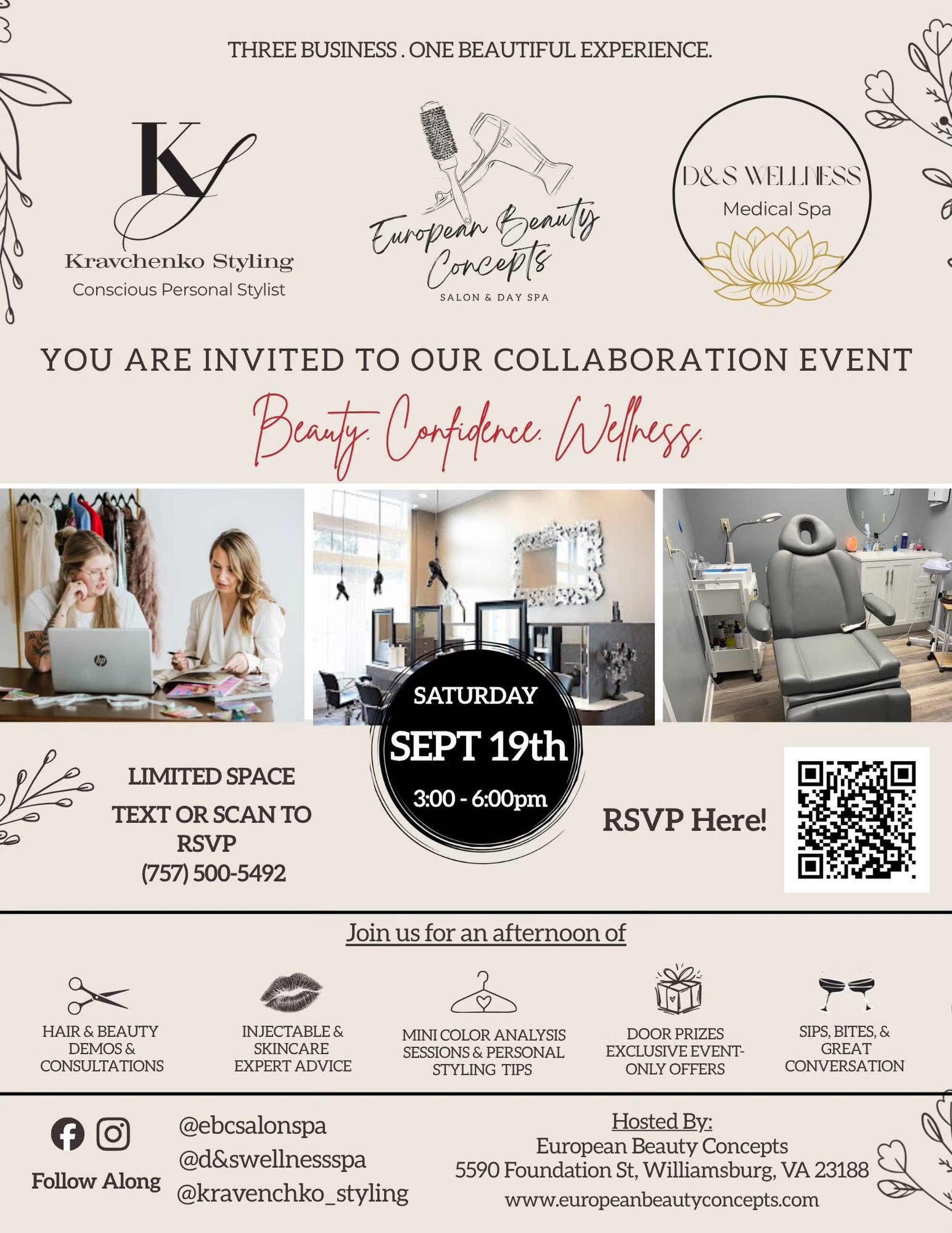 ✨ BEAUTY. CONFIDENCE. WELLNESS. ✨

Join us for a beautiful afternoon celebrating you! Three local businesses are coming together for one unforgettable experience designed to help you look, feel, and live your best.

💇&zwj;♀️ Hair &amp; Beauty demos 
