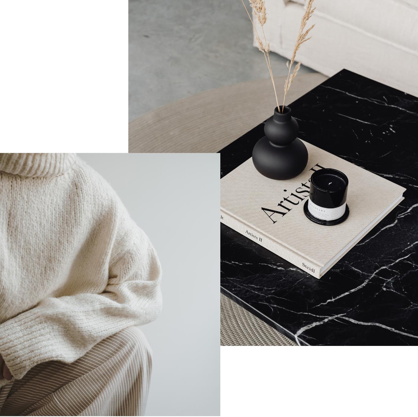 Two photos, one with a person wearing comfortable clothing, the other is placed in a relaxing environment.