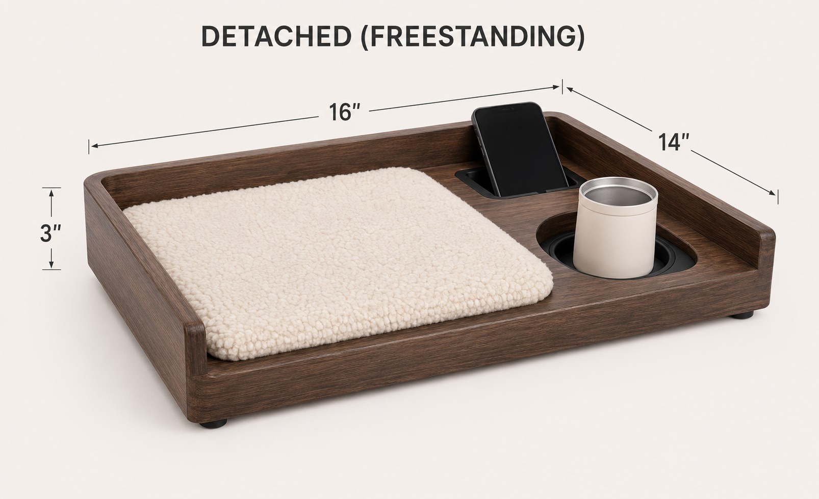 Wooden pet stand with a textured platform, a phone holder, and a cup holder, dimensions 16 inches by 14 inches, 3 inches tall.