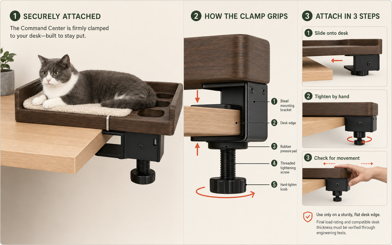 Instruction guide for attaching a desk clamp. Step 1: The clamp is shown attached to a wooden desk with a resting cat on top. Step 2: Diagram showing clamp components including steel mounting bracket, desk edge, rubber pressure pad, and threaded tightening screw. Step 3: Three steps for attaching the clamp; slide onto desk, tighten by hand, and check for movement. Contains a note to use only on a sturdy, flat desk edge.