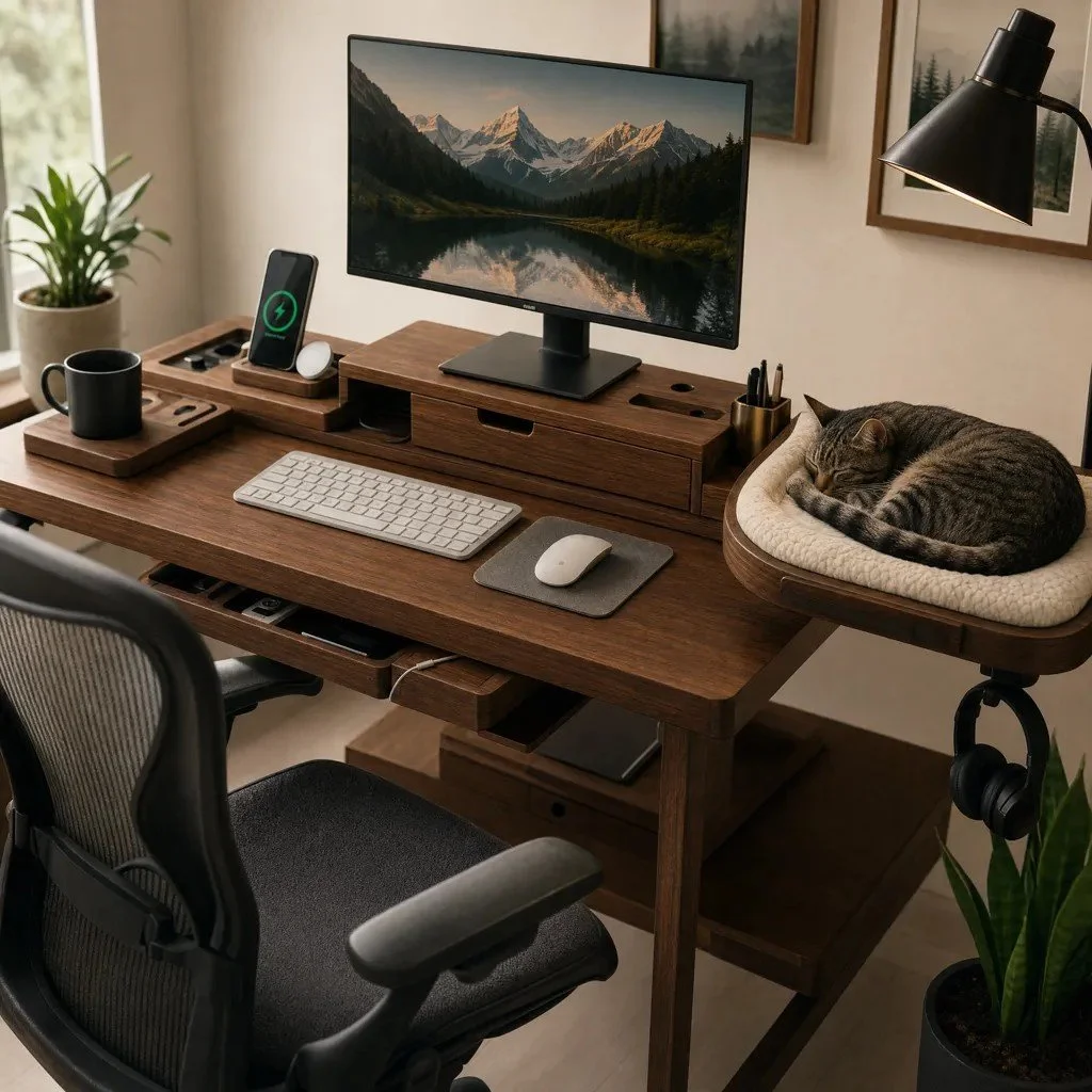 A home office desk setup with a wooden desk, a computer monitor displaying a mountain landscape, a wireless keyboard and mouse, a small potted plant, a black coffee mug on a wooden coaster, a phone charging station, a lamp, and a gray tabby cat sleeping on a cushioned perch attached to the desk.