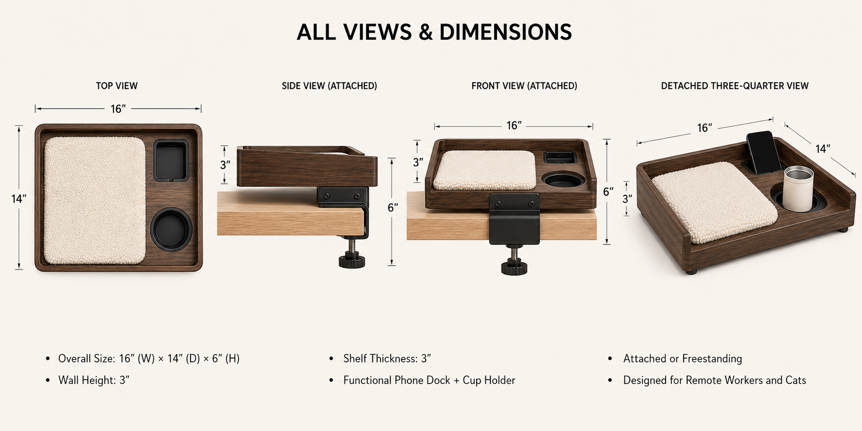 Diagram of a multi-view wooden shelf with dimensions and features, including top, side, front, and detached three-quarter views. The shelf measures 16 inches by 14 inches with a 6-inch height, 3-inch wall thickness, and has a functional phone dock with cup holder. Designed for remote workers and cats, it can attach or freestand.