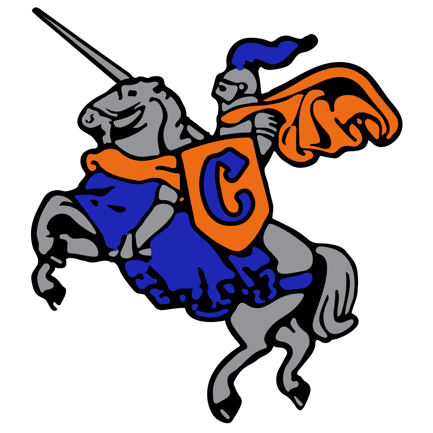 Stylized illustration of a knight in silver armor riding a white horse, holding a sword, wearing an orange cape and shield with a blue letter 'G', with a blue plume on the helmet.
