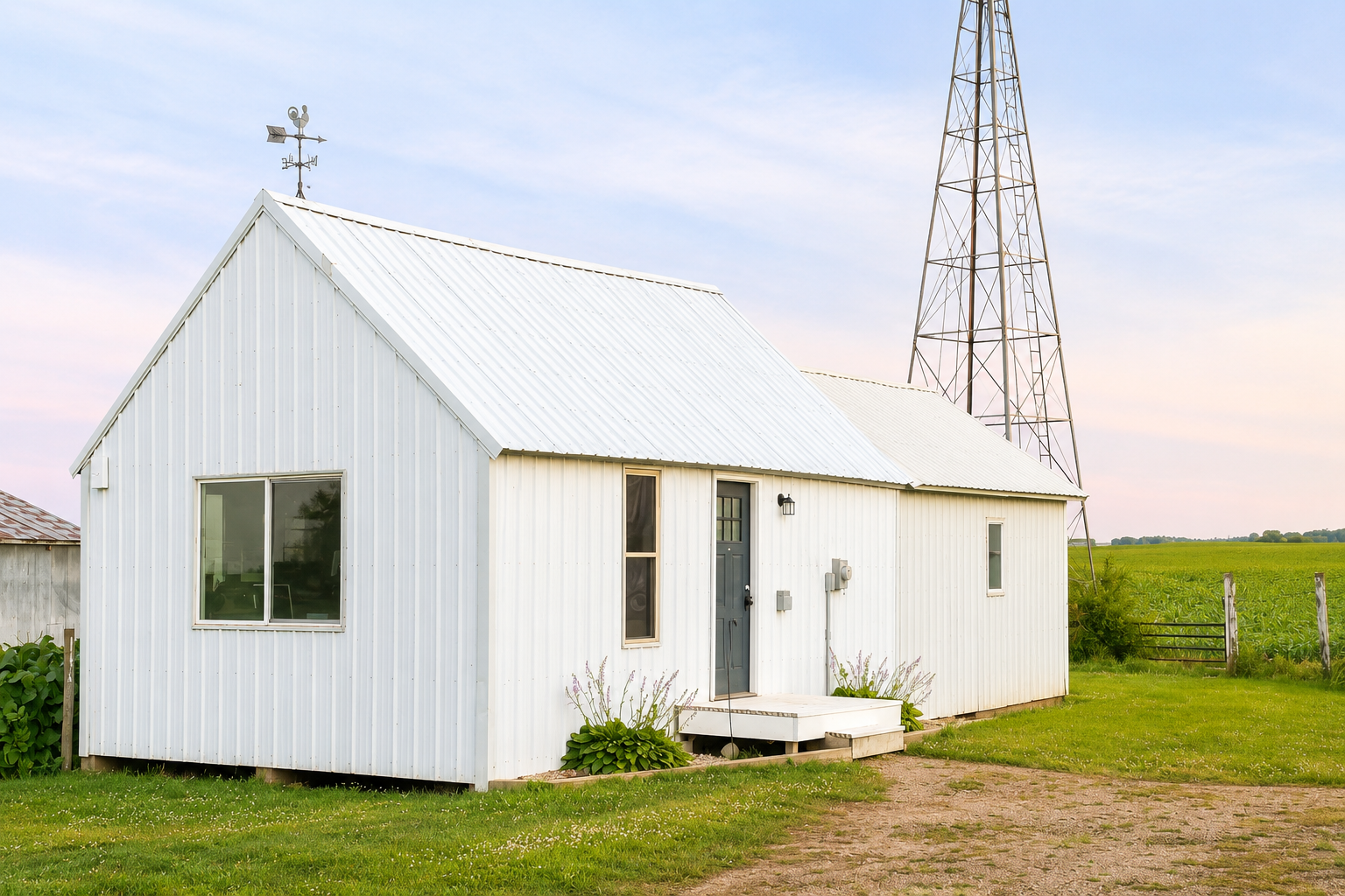 White metal farmhouse with gabled roof, front door, and windows, located in a green rural landscape with a large transmission tower in the background.