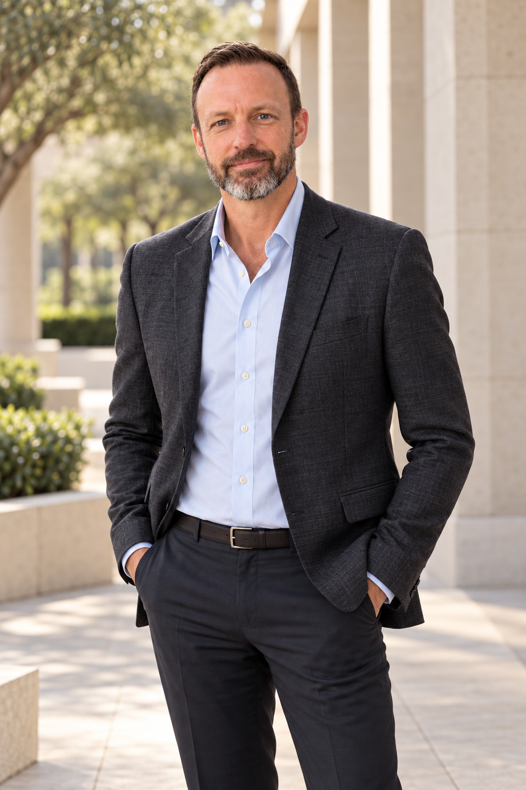 Trey Treadwell, founder of Surnia Advisory, standing in a courtyard with his hands in his pockets, wearing a charcoal jacket and light blue open-collar shirt.