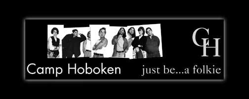 Black and white banner with a group photo of seven people, and text reading "Camp Hoboken just be...a folkie" with the initials "GH" in the corner.