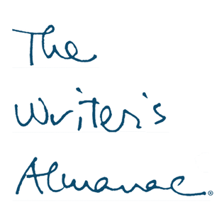 The image shows the handwritten text 'The Writer's Almanac' in blue ink.