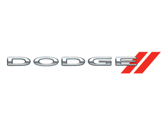 Dodge logo with silver lettering and a red, orange, yellow, and black striped emblem.