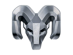 Close-up of a metallic RAM logo resembling a ram's head with curved horns.