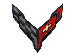 A Chevrolet Chevrolet logo displayed on a 3D car checkered flag and red racing flag.