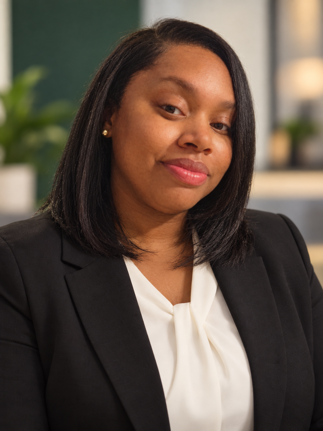 Professional executive headshot of Shanice Gibson, General Manager of Zanora Solutions LLC, wearing a polished black business suit against a clean, neutral office background with subtle green brand accents.