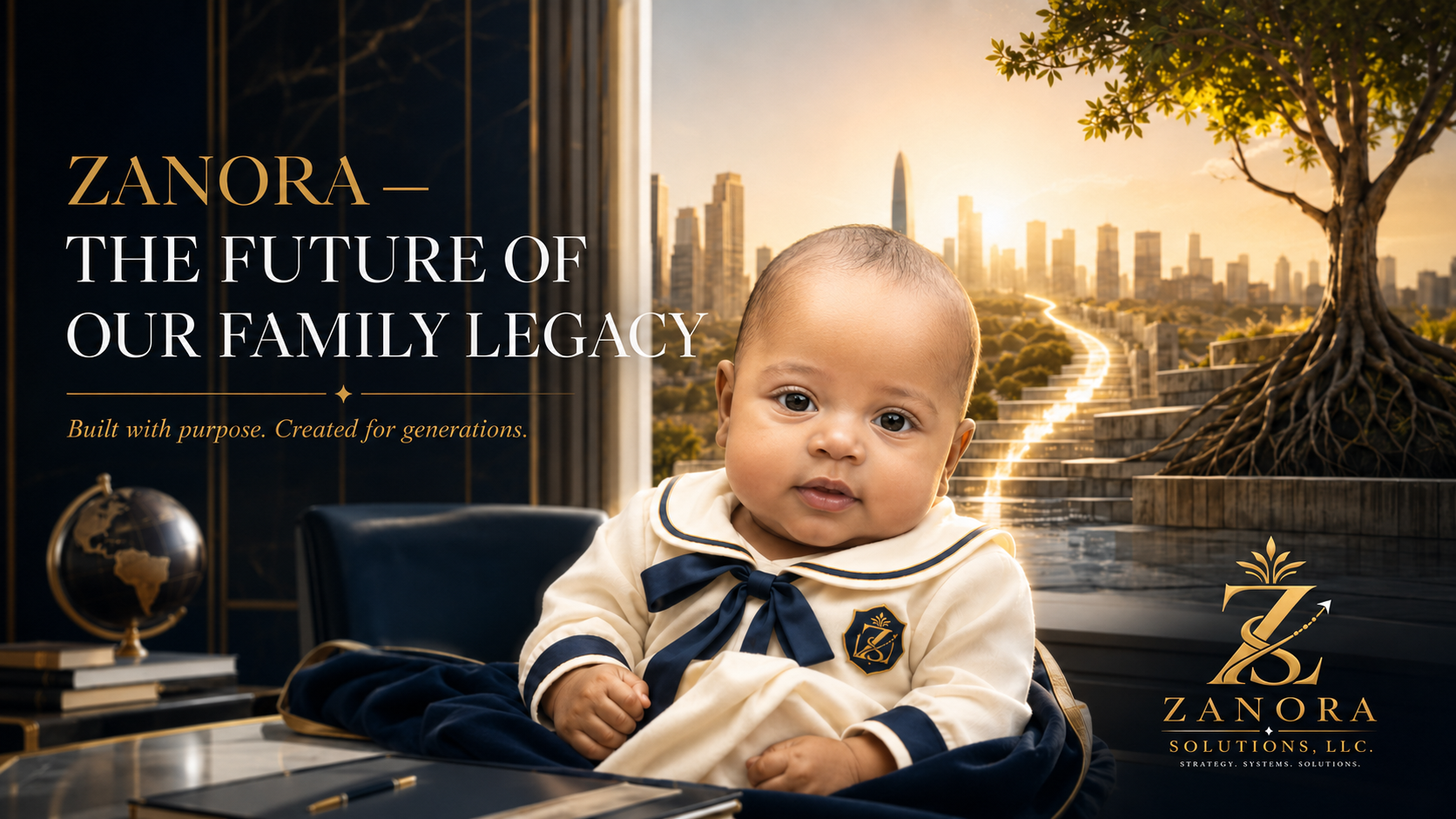 A baby with a sailor outfit sitting at a desk with a globe and books, with a city skyline and a tree in the background, under a sunset. Text overlays include 'Zanora — The Future of Our Family Legacy' and the logo for Zanora Solutions, LLC.