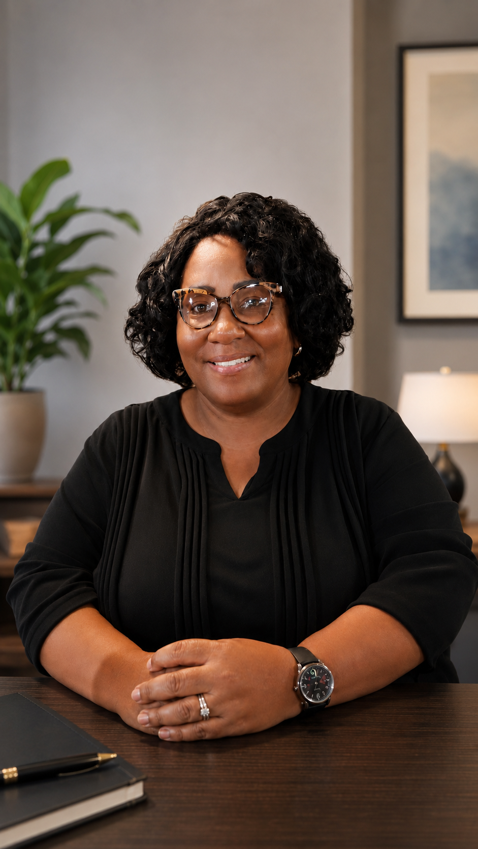 A woman with glasses and curly black hair smiling while sitting at a desk in an office, with a plant, a framed picture, a lamp, and a notebook in the background.