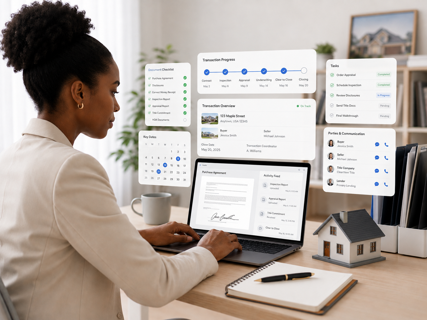 A woman working at a desk with a laptop, reviewing real estate transaction details and communication on a digital dashboard, with a small house model, notebook, pen, and coffee mug on the desk.
