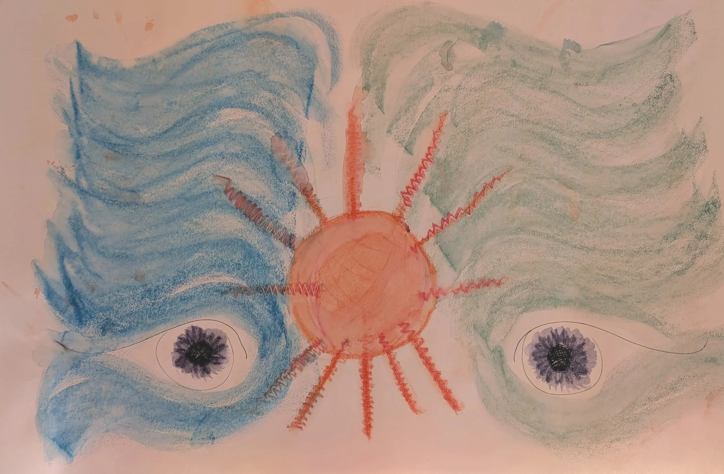 Child's drawing of a butterfly with blue and green wings, an orange body, and black and white eyes.