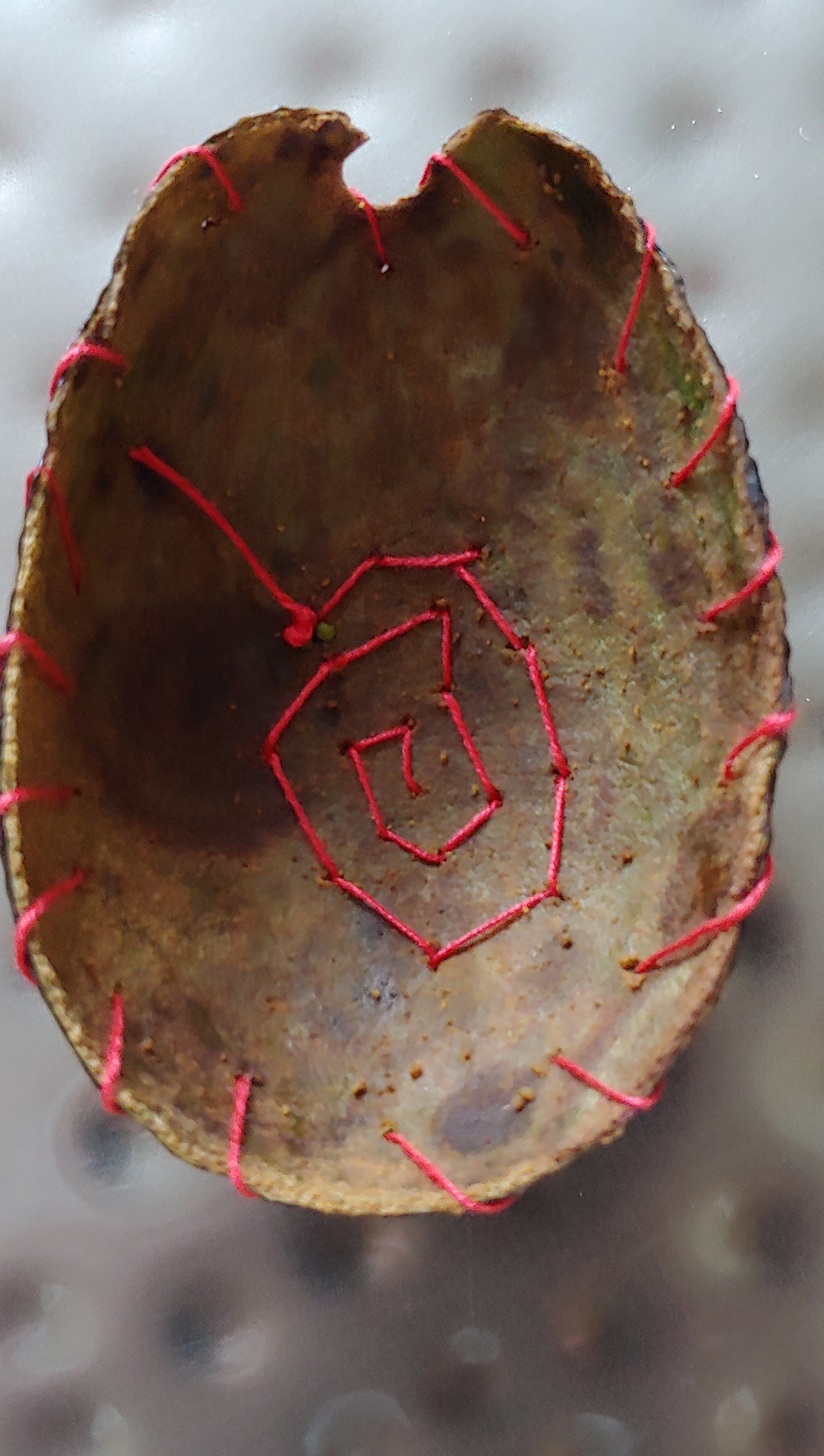 Close-up of a hollow, weathered tree branch or root with red thread stitched along its edges and forming a smiling face inside.