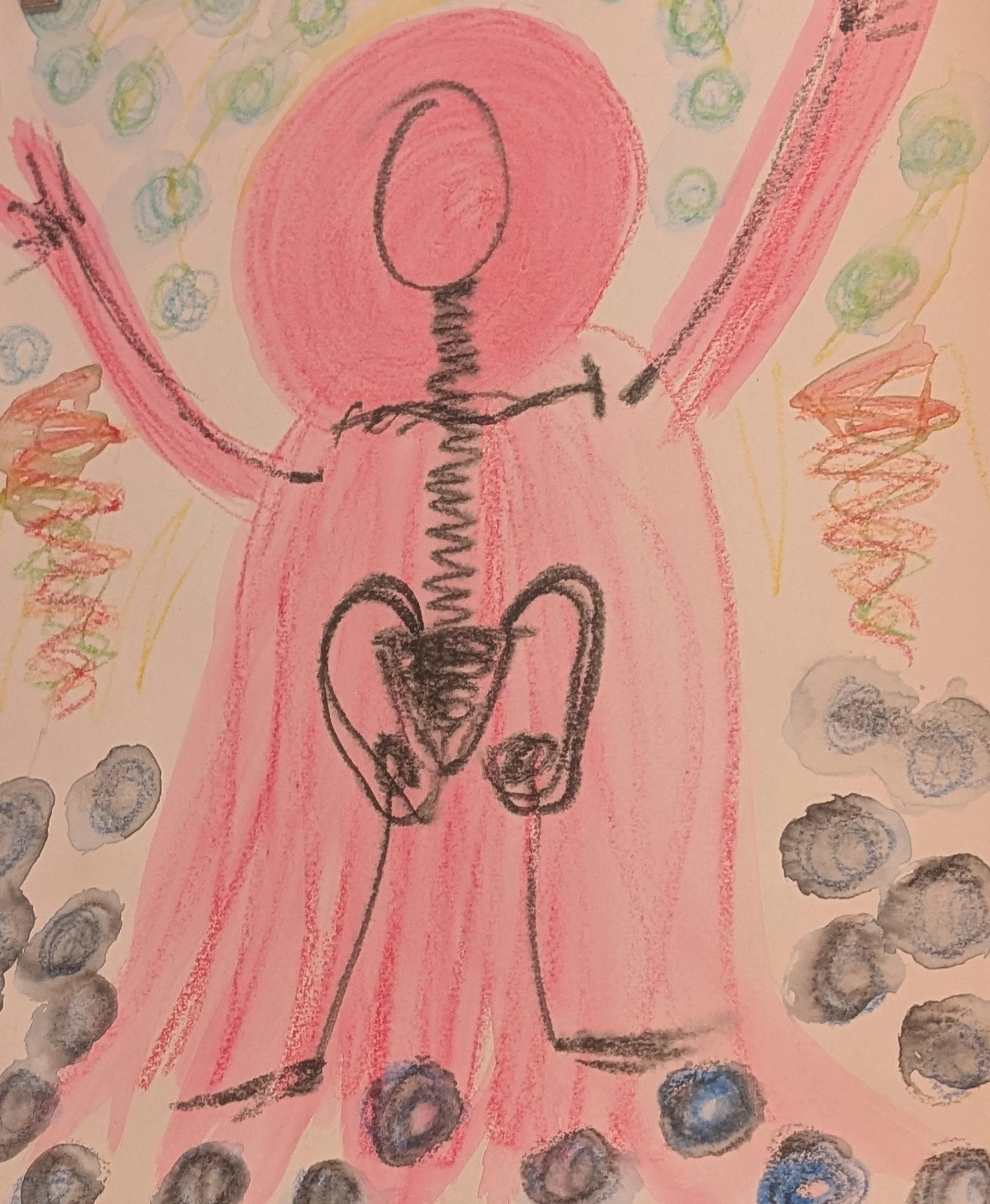 A child's drawing of a person with long hair, surrounded by clouds and dots, using pink, black, green, yellow, and blue colors.