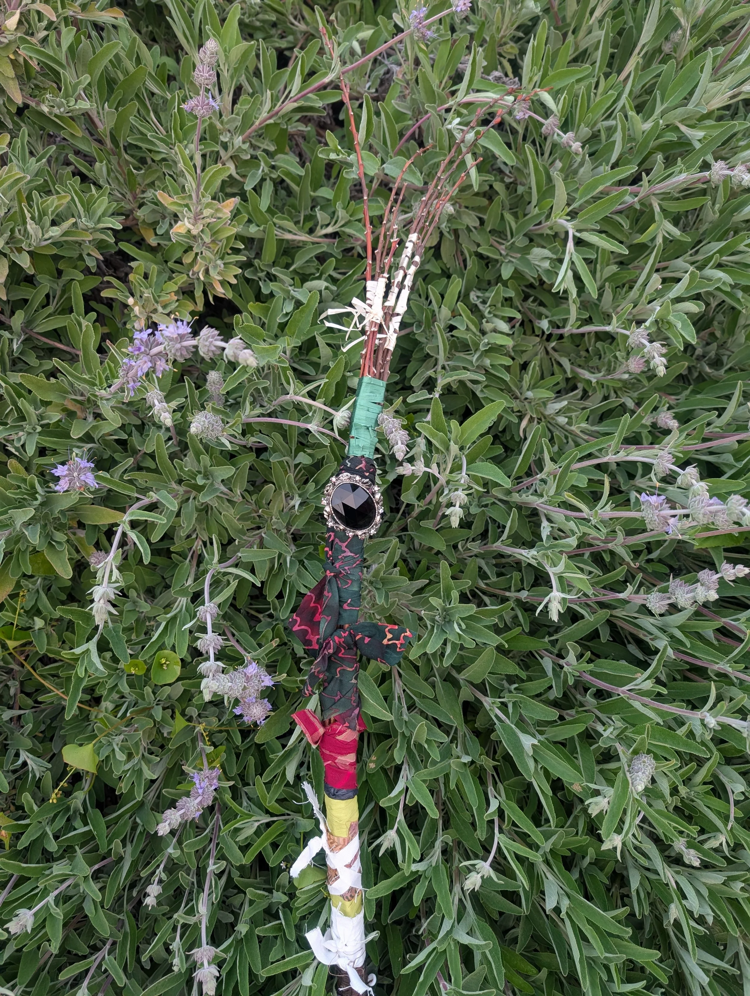 Close-up of green leafy plants with small purple flowers, with a group of sticks wrapped in colorful fabric and a large black gemstone attached to a string laid on the plants.