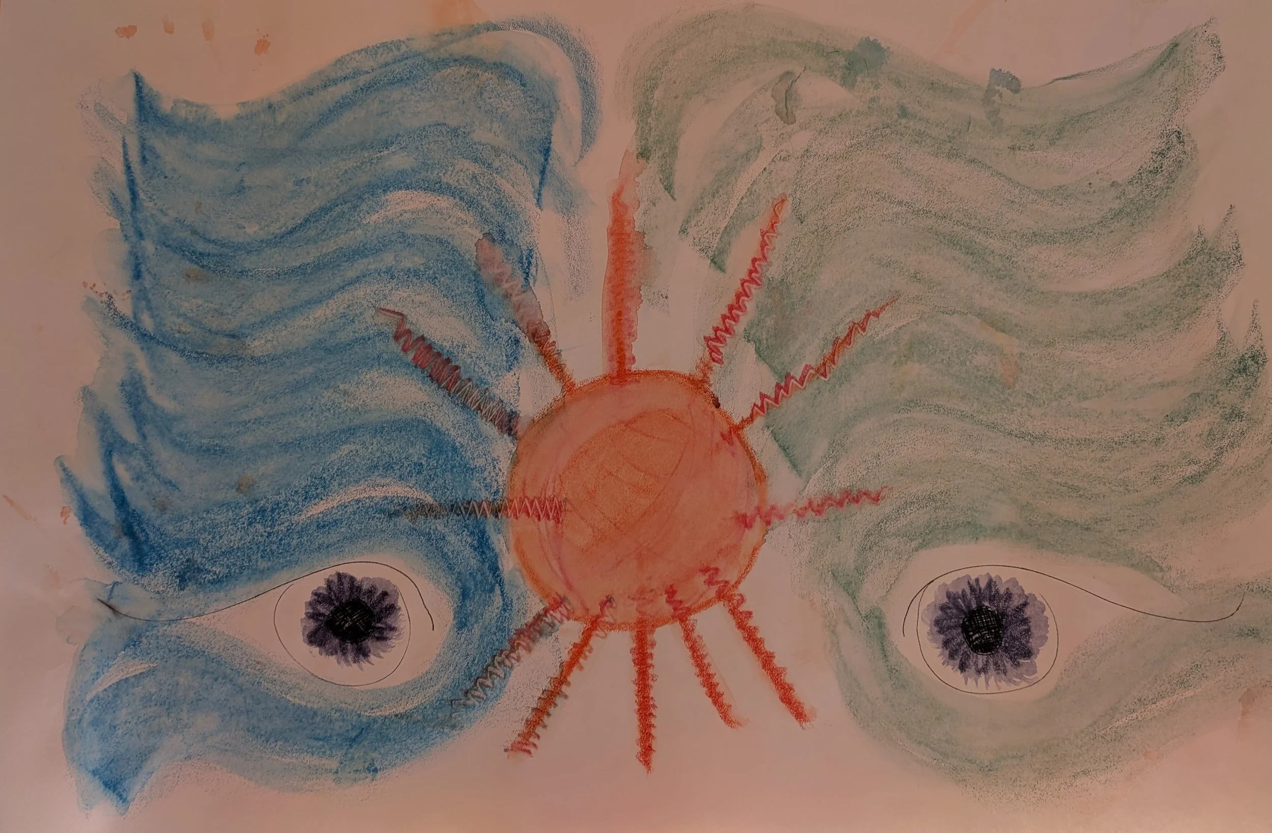 Drawing of a red-orange sun with pink rays, flanked by two large eyes with purple irises, outlined in black, and surrounded by swirling blue and green clouds.