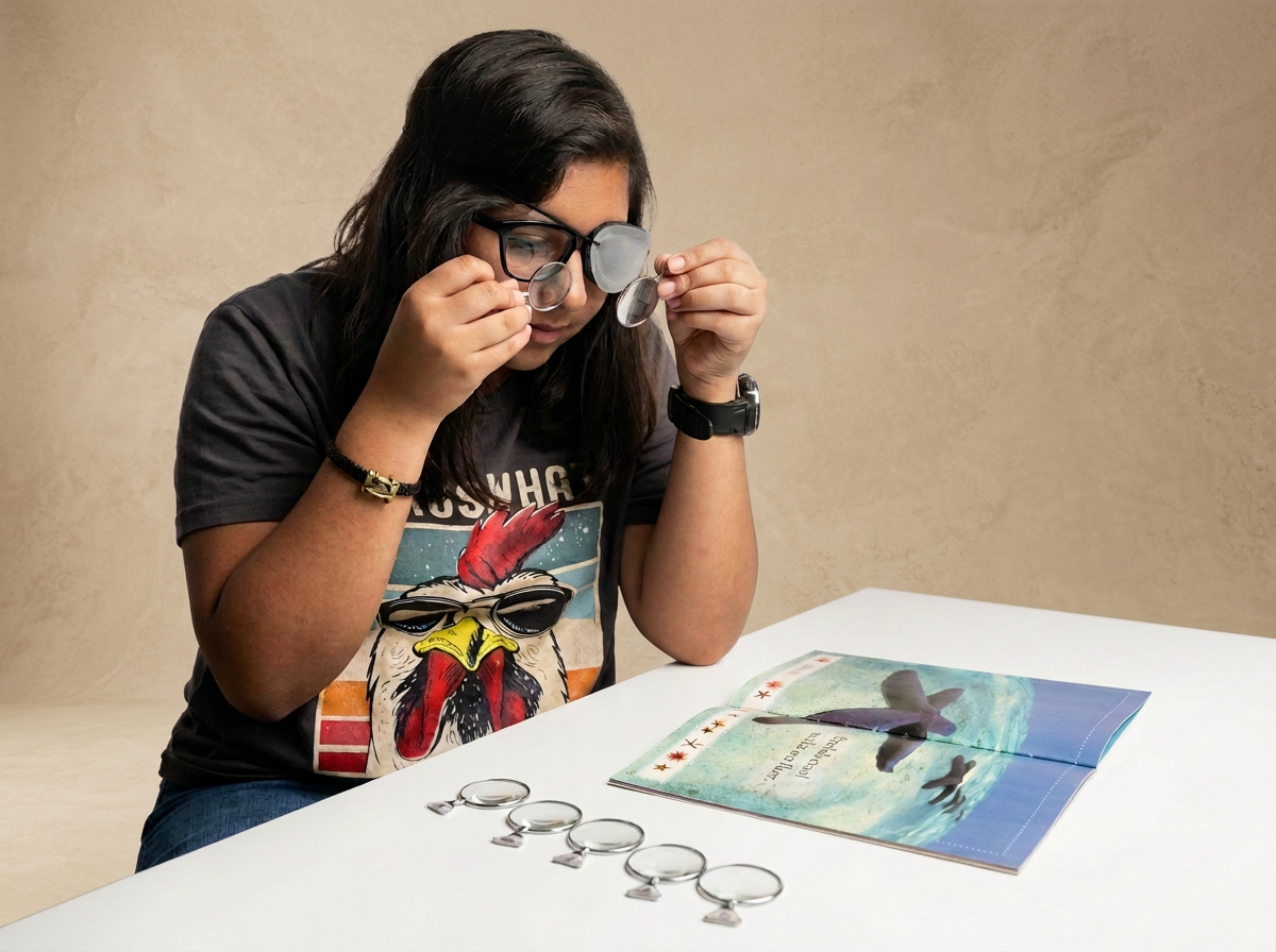 Young woman with glasses and a graphic T-shirt examining a picture book with a dolphin illustration, in front of several magnifying glasses on a white table