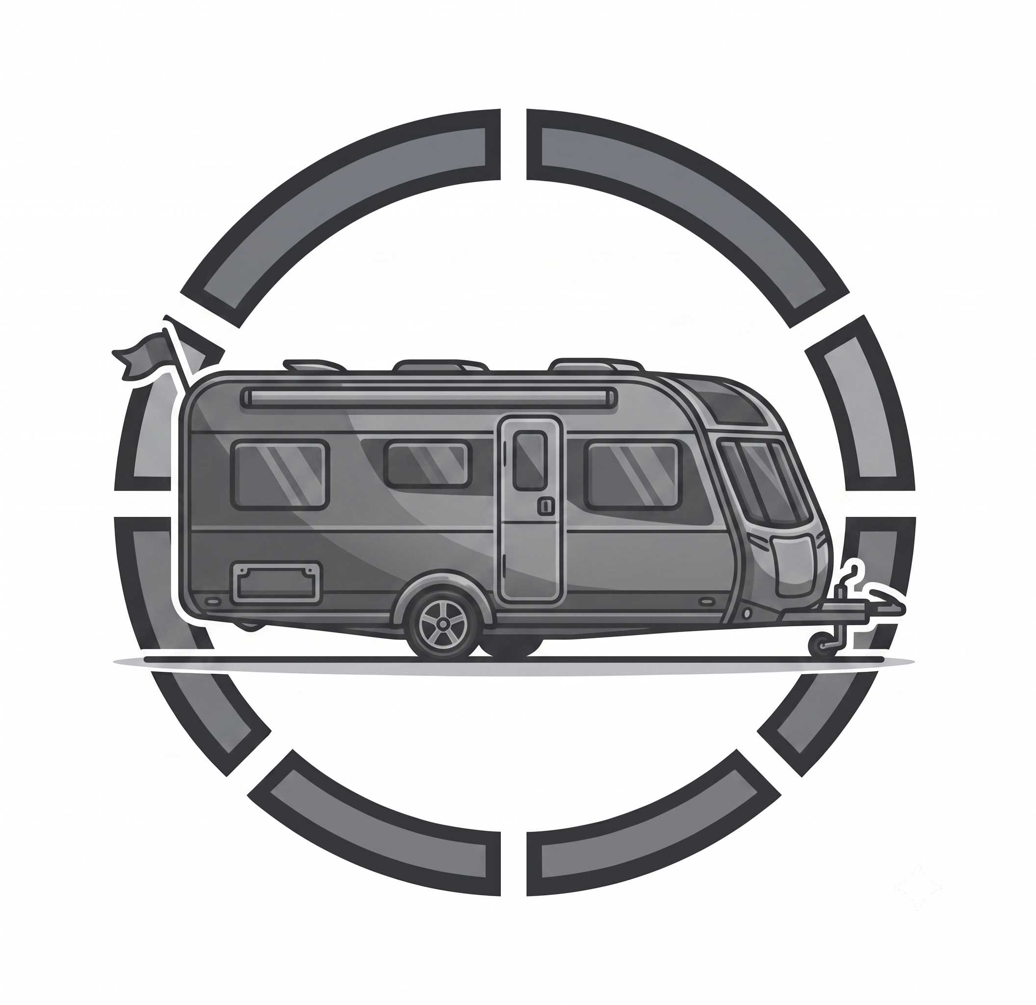 A stylized black and gray graphic of a van inside a circular target-like design.