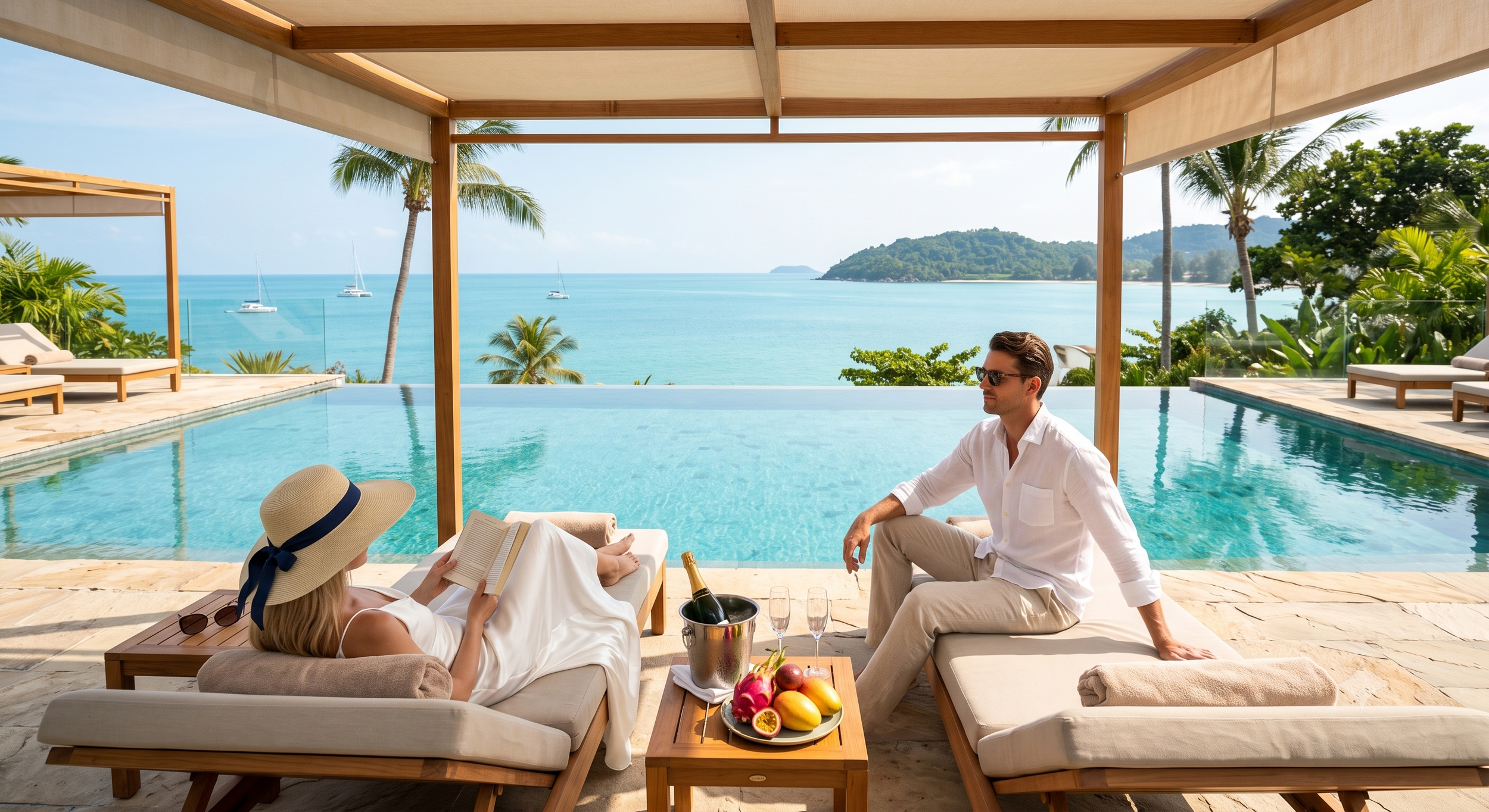 A man and woman relaxing by a pool with ocean view, palm trees, and sailboats in the background. The woman is reading a book and wearing a wide-brimmed hat, while the man is sitting nearby, wearing sunglasses and a white shirt.
