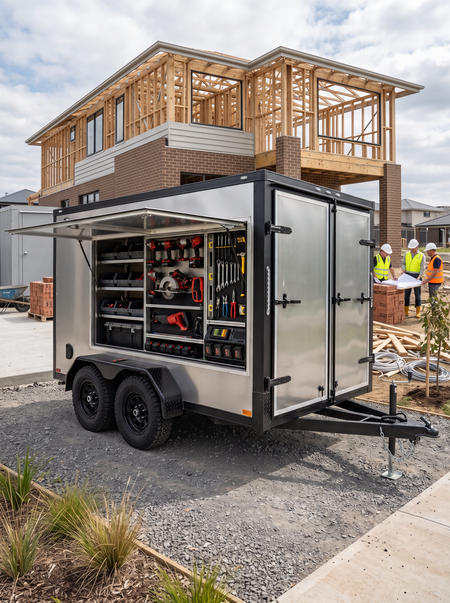 A house under construction with wooden framing on the upper level and brickwork on the lower level. A construction trailer with tools and equipment is parked in front, and three workers in safety vests and helmets are discussing plans nearby. The scene is set outdoors with a partly cloudy sky and neighboring houses in the background.