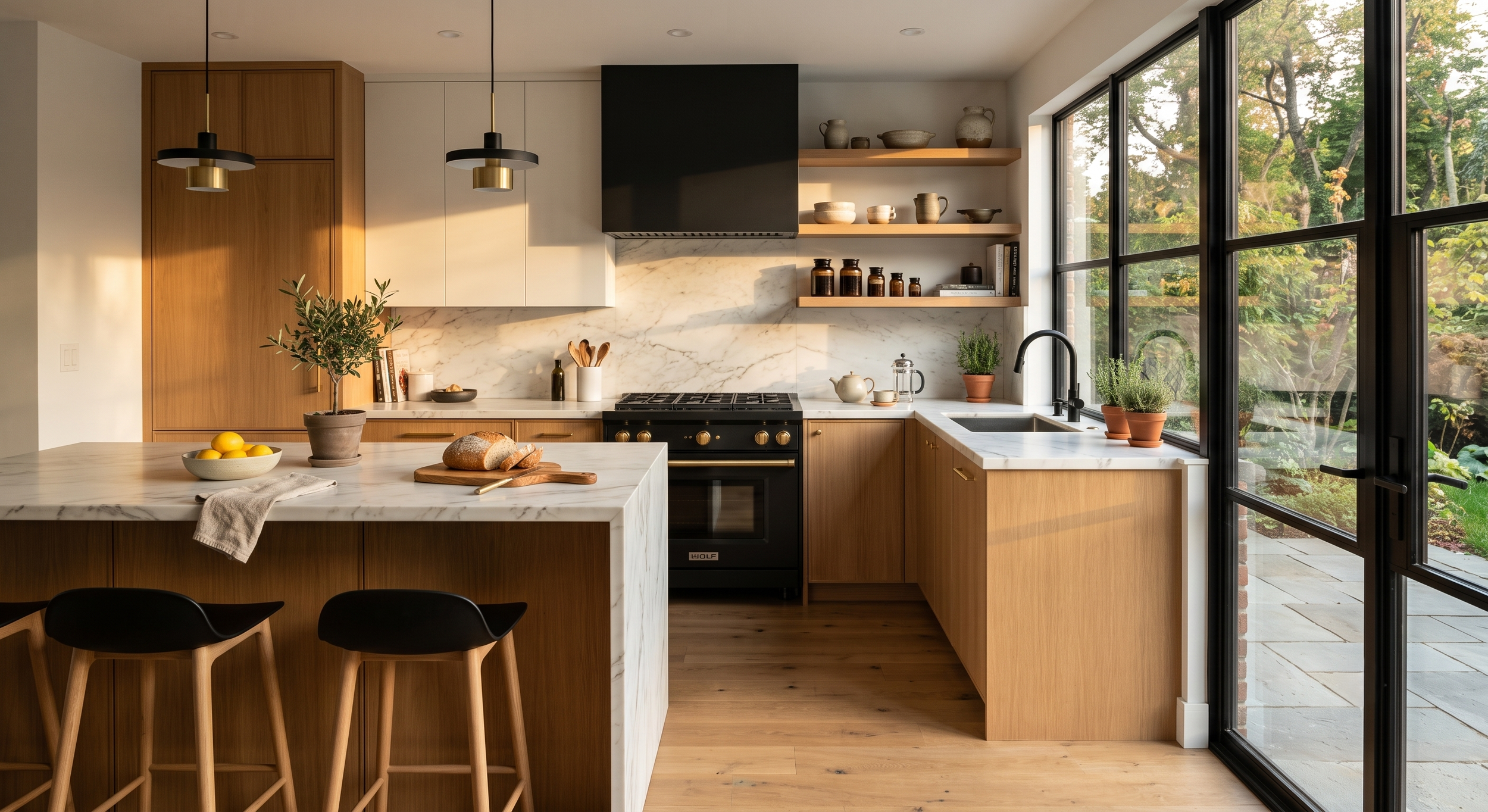 Modern kitchen with wooden cabinetry, marble countertops, open shelving with dishes, and a black stove. Large windows overlook trees outside, with potted plants on the counter. A loaf of bread, lemons, and kitchen utensils are on the island.