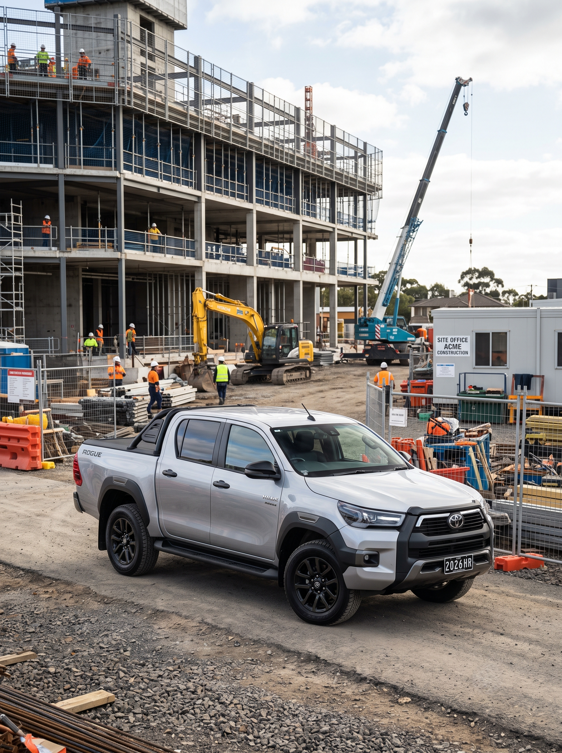 Construction site with a gray Toyota Tacoma pickup truck in foreground, construction workers, scaffolding, and building framework in the background, and a crane lifting materials.