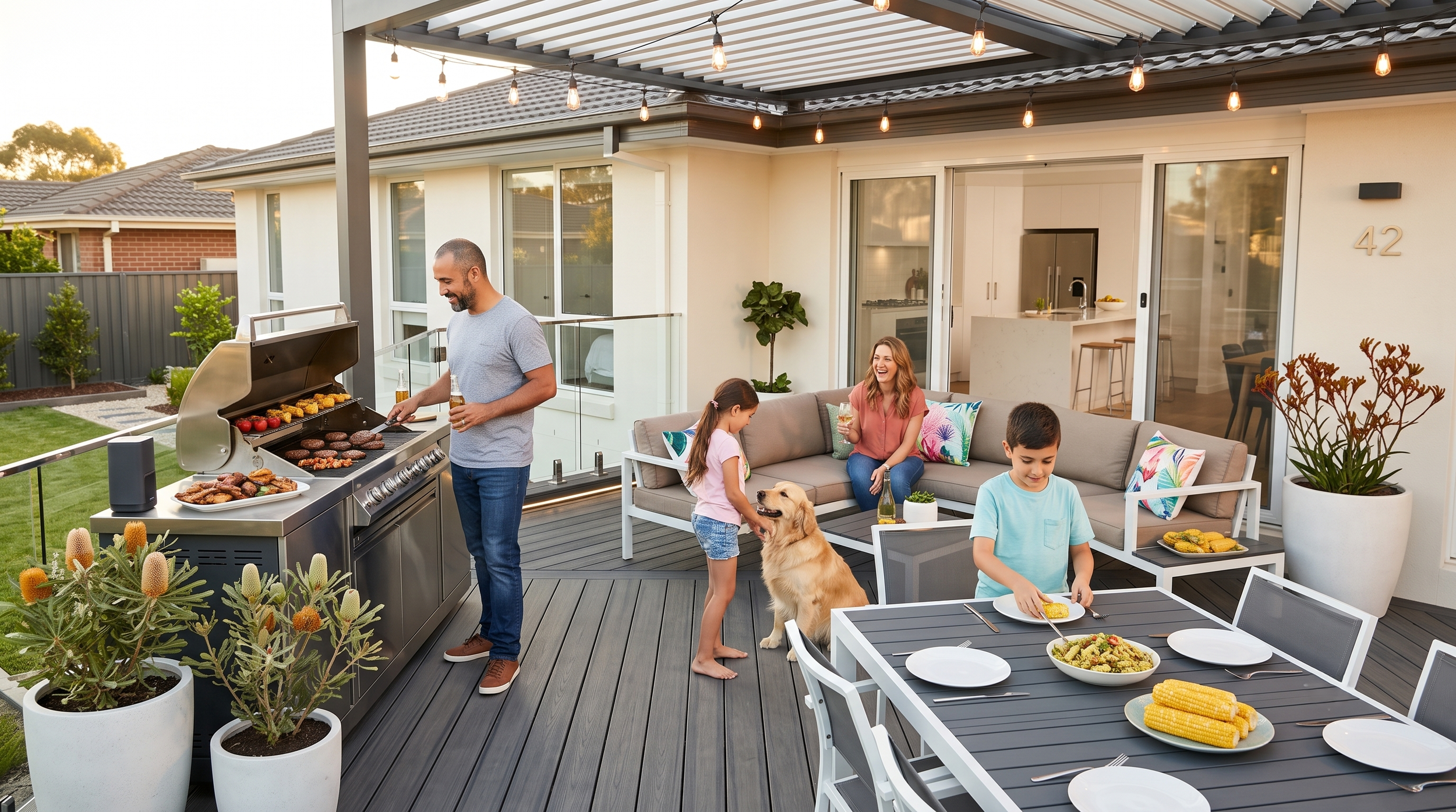 People enjoying a backyard barbecue on a patio, with a grill, dining table, and seating area, and a dog interacting with a girl.