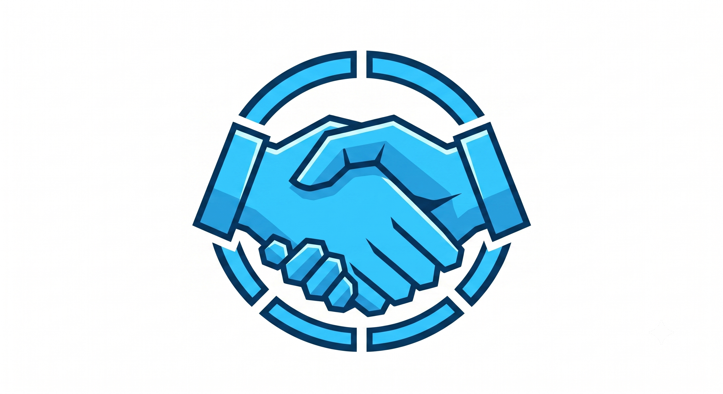 Digital illustration of a handshake within a circular outline, symbolizing cooperation or agreement, rendered in shades of blue.