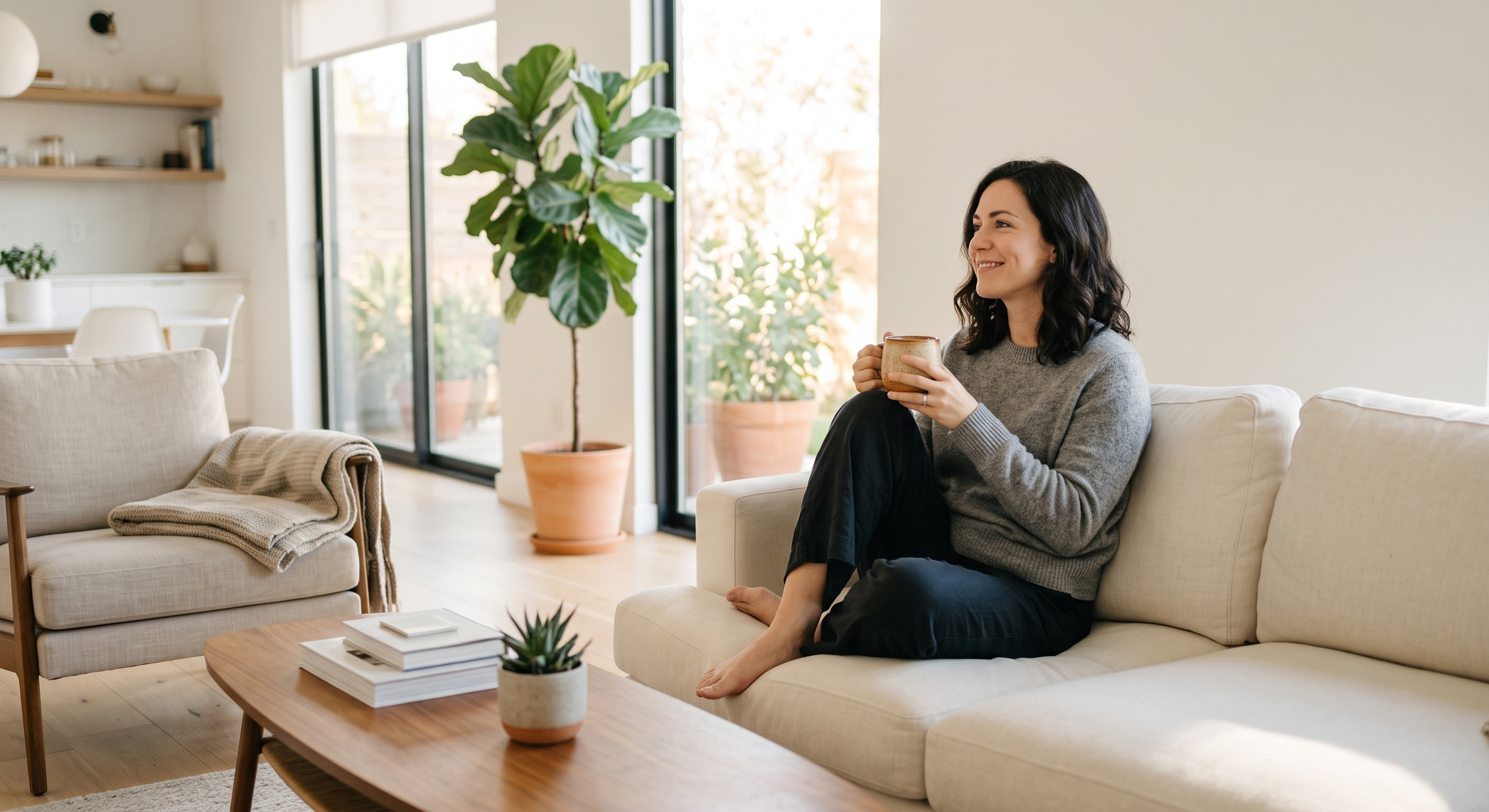 A woman with dark wavy hair sitting on a beige couch in a modern living room, holding a mug, smiling, with large potted green plants and a sliding glass door in the background.