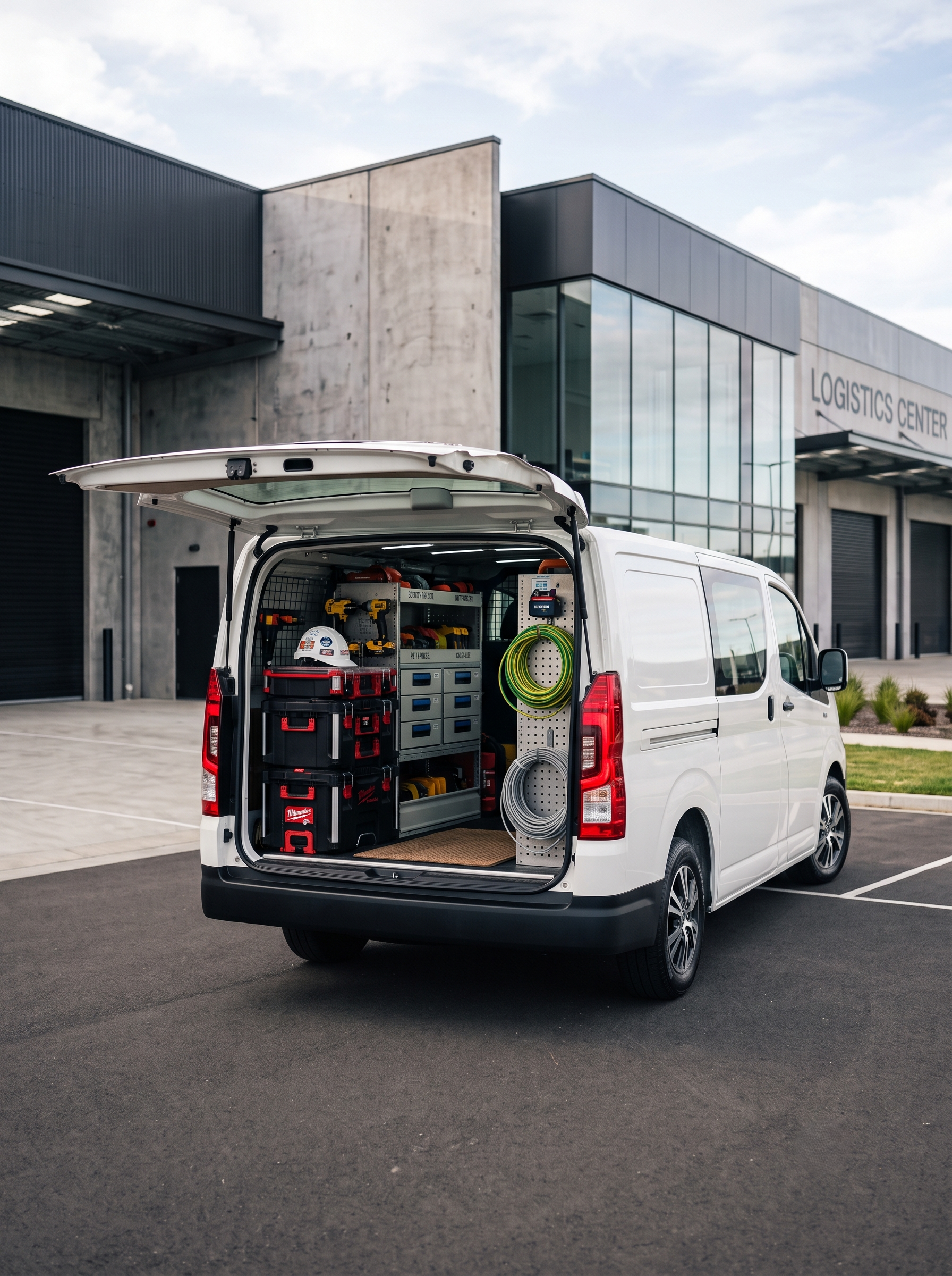 A white utility van with its rear doors open, showing various tools and equipment inside, parked in front of a modern logistics center building with a sign that reads 'LOGISTICS CENTER.'