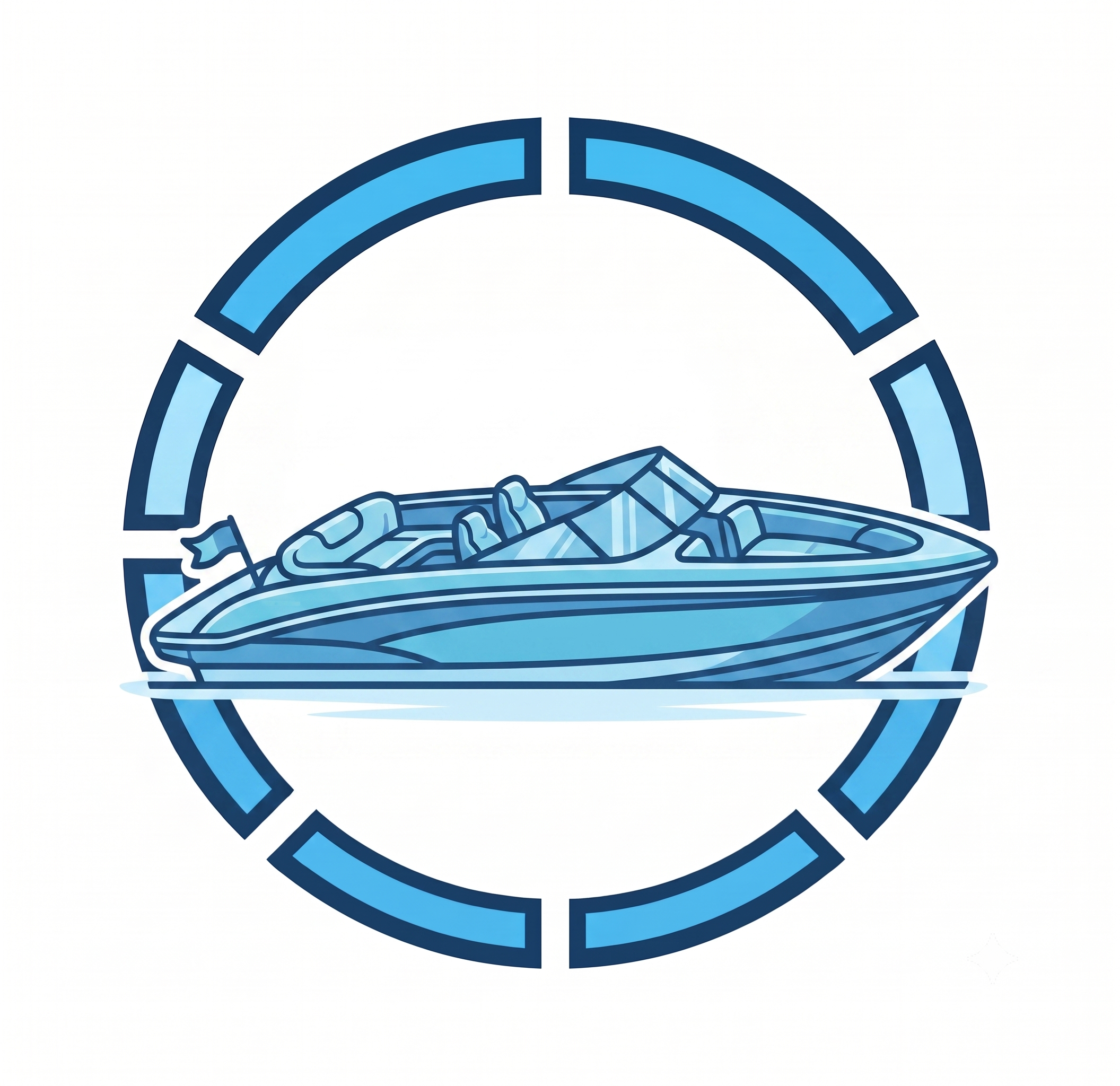 A stylized blue and light blue icon resembling a geometric shield or structure with curved segments and a diamond-shaped element at the bottom center.