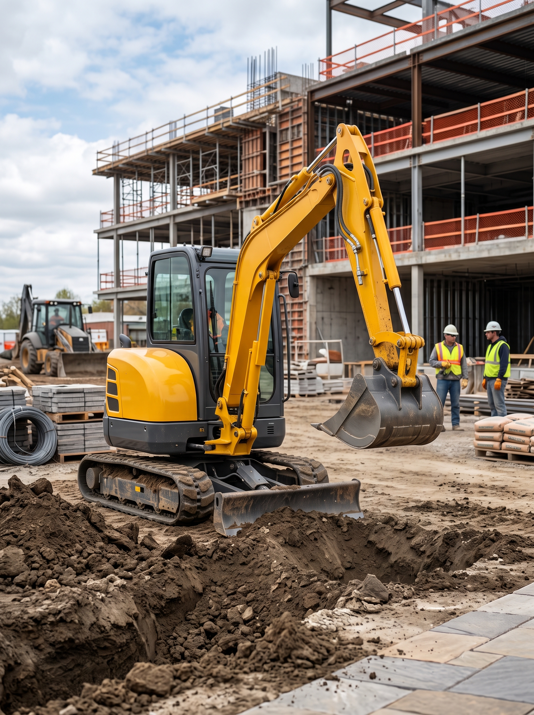 Construction site with a small yellow excavator digging dirt, with workers in safety helmets and vests in the background, partially built building, and construction materials.