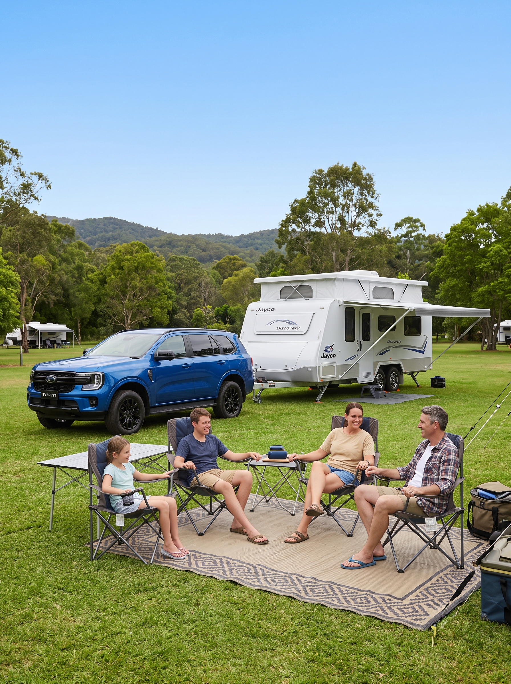 People sitting on camping chairs on a grassy field, enjoying a conversation, with a travel trailer and a blue SUV parked nearby, set against a backdrop of trees and distant hills on a clear day.
