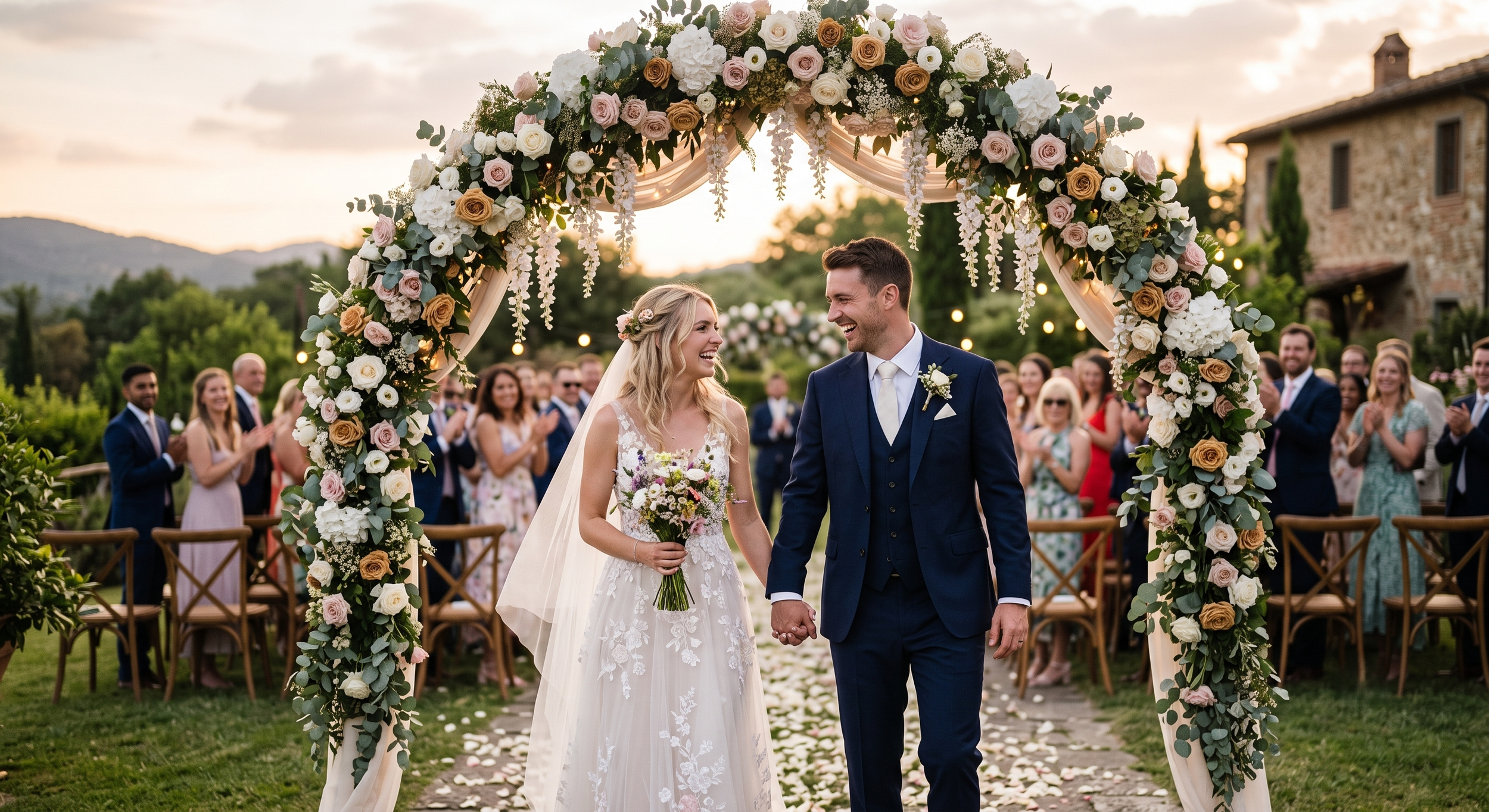 A bride and groom share a joyful moment under a floral arch at their outdoor wedding, surrounded by guests clapping and smiling as the sunset glows in the background.