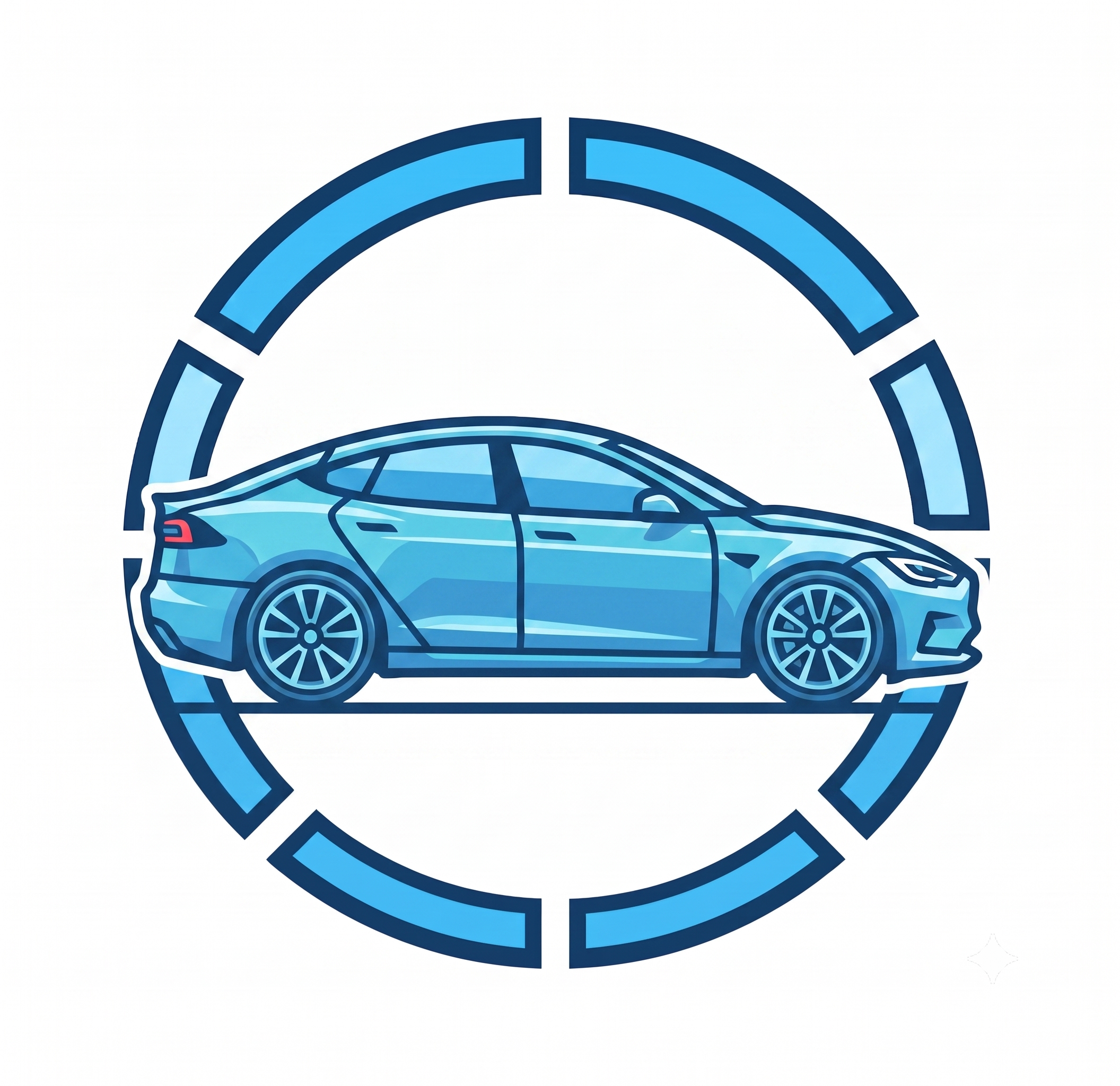 Stylized blue car within a circular maze-like design on a white background.