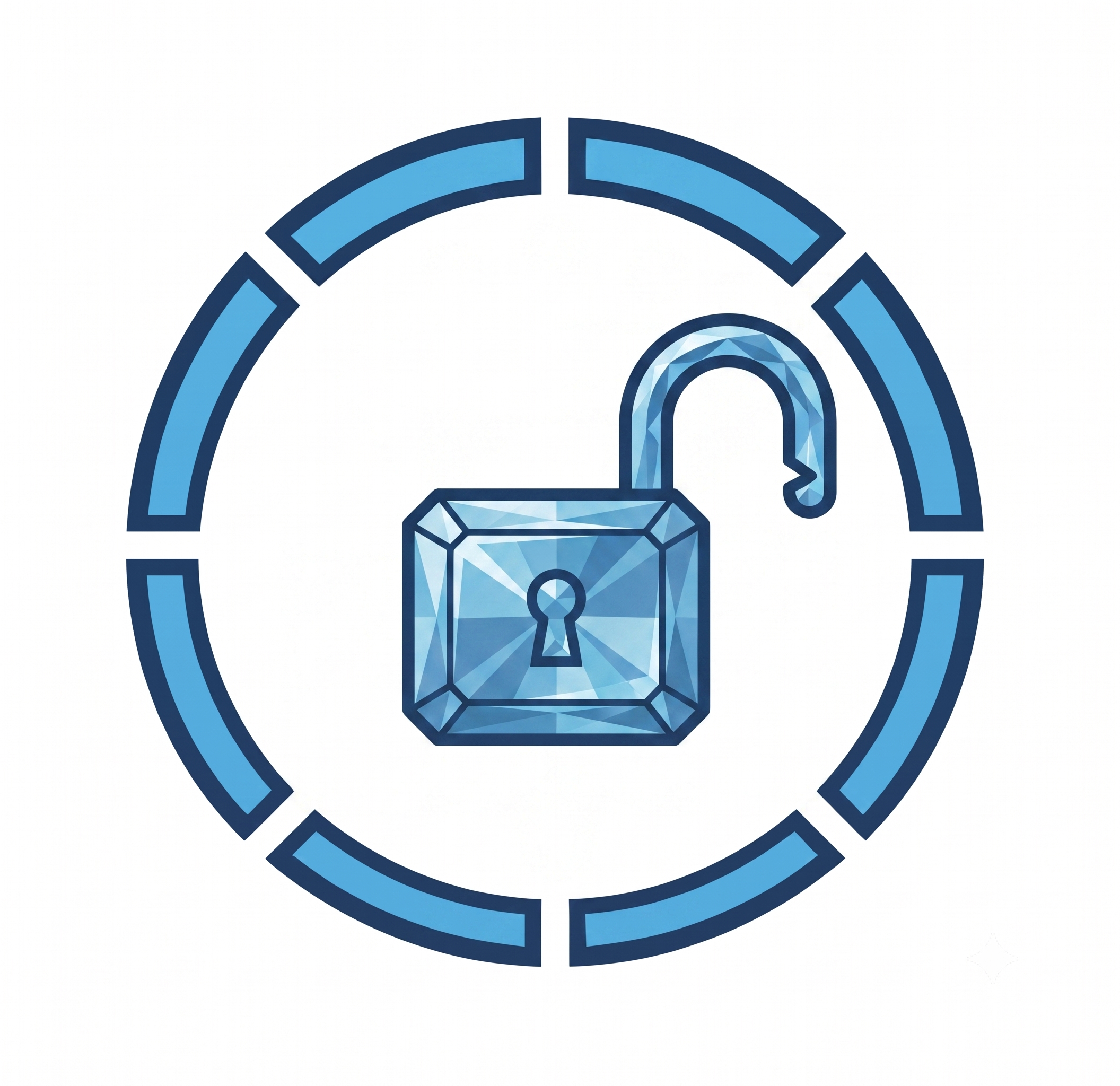 A digital illustration of a stylized logo featuring a shield with a gemstone at its center, surrounded by a circular design with symmetrical blue and black accents.