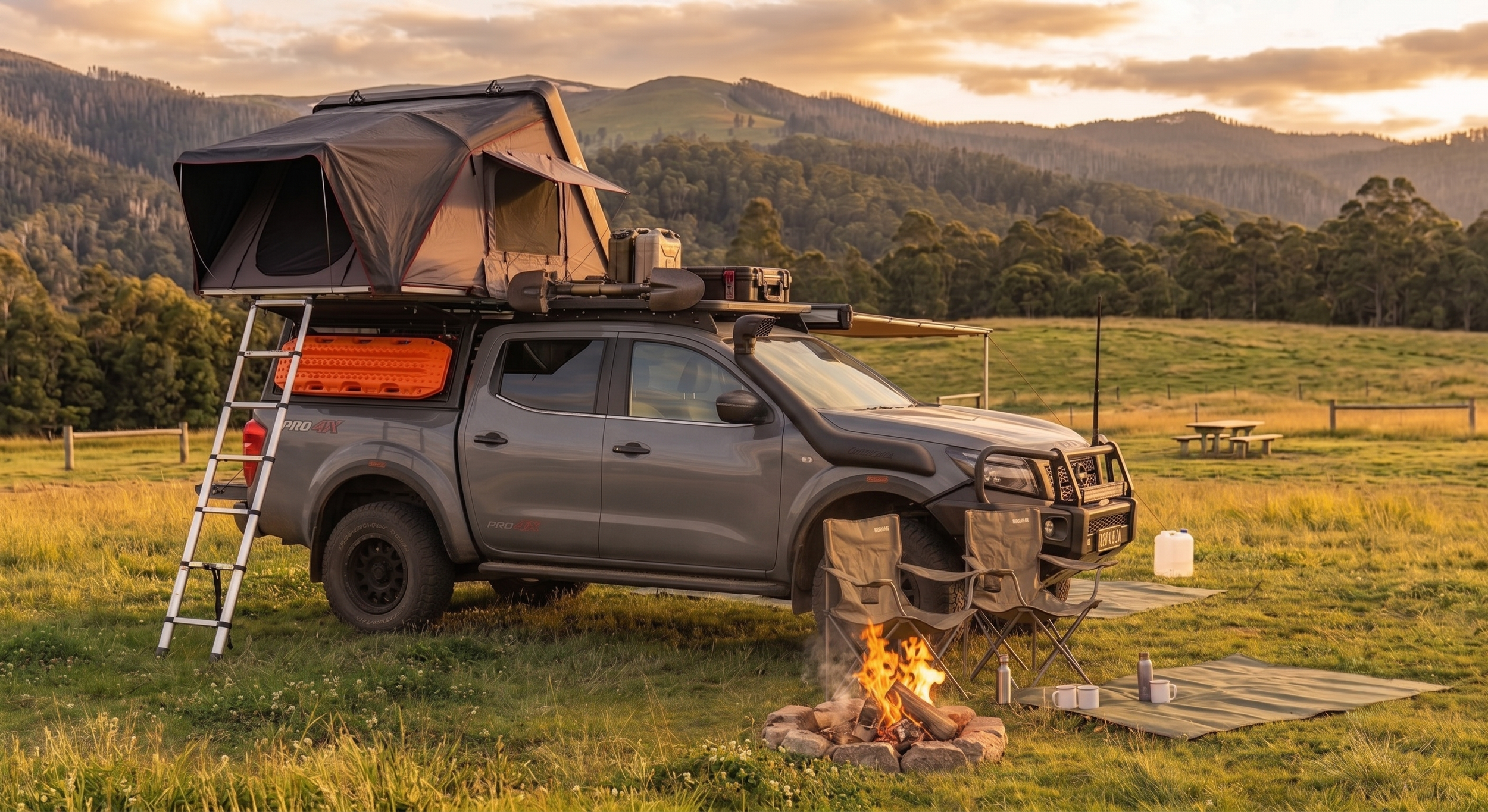 A gray pickup truck with a rooftop tent and outdoor camping setup in a grassy field at sunset, with mountains and a partly cloudy sky in the background. Camping chairs, a campfire, and other outdoor gear are visible.