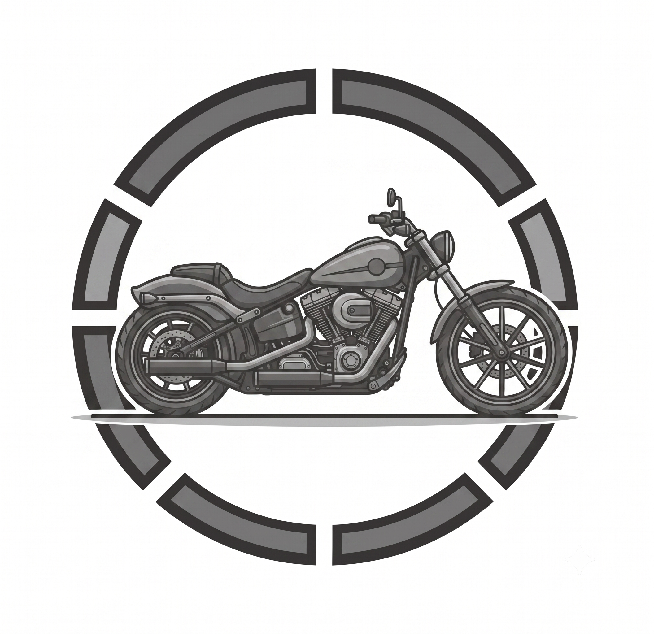 Black motorcycle with chrome accents inside a circular target design.